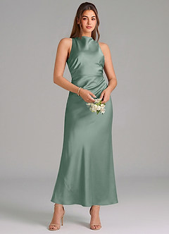 Azazie Evadne Vestidos de damas de honor Vestido de Salvia Plateada de Satén Elástico de Corte Recto con Plisado image3