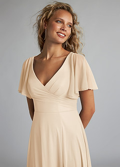 Azazie Induh Bridesmaid Dresses Champagne A-Line Flutter V-neck Mesh Dress image5