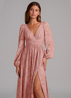 Azazie Norah Jurken voor bruidsmeisjes Jurk van Bloemen Burn-out met A-Lijn Lange mouw Rozet image7