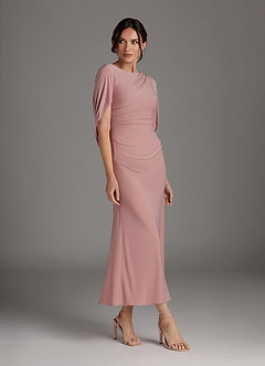 Azazie Bellona vestidos de madre de la novia Vestido de Rosa Polvorienta de Punto de lujo de Recto con Cuello barco image3