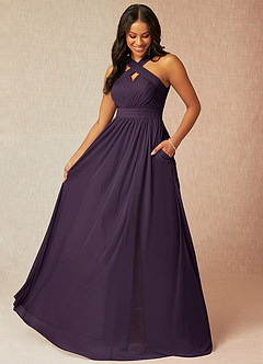 Azazie Hillian Bridesmaid Dresses Plum A-Line Halter Pleated Mesh Dress image7