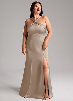 Azazie Rue Bridesmaid Dresses Taupe Mermaid Pleated Stretch Satin Dress image11