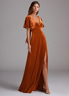 Azazie Kimber Vestidos de damas de honor Vestido de Naranja Quemada de terciopelo de Corte en A con Con bolsillos image3