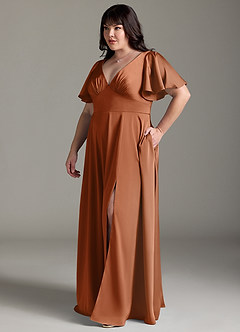 Azazie Kimber Bridesmaid Dresses Copper A-Line Ruched Stretch Satin Dress image10