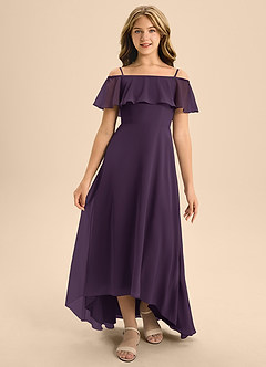 Azazie Maggie Junior A-Linie Schulterfrei Chiffon Kleid Pflaume image5
