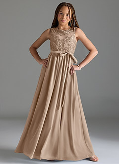 Azazie Elly Junior Taupe A-Line Lace Chiffon Dress image3