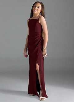Azazie Leonis Junior Vestido Cabernet de Cetim elástico de Linha A com Plissado image4