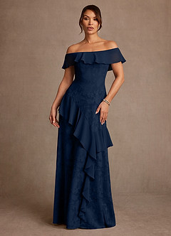 Azazie Marina Mother of the Bride Dresses Dark Navy A-Line Off the Shoulder Floral Burnout Dress image1