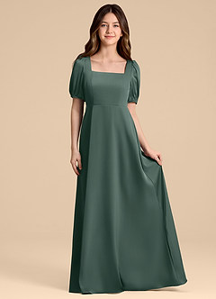 Azazie Briar Junior Vestido de Musgo Marino de Satén Elástico de Corte en A con Lazo image4