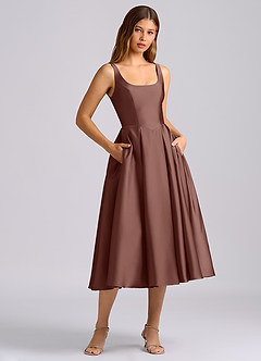 Azazie Amalie 신부 들러리 드레스 A라인 주름진 스트레치 새틴 티 길이 드레스 image3