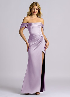 Azazie Auden Bridesmaid Dresses Frosted Lilac Sheath Off the Shoulder Stretch Satin Convertible Dress image7