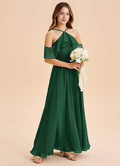 Azazie Tessabelle Junior Dark Green A-Line Off the Shoulder Chiffon Dress image1