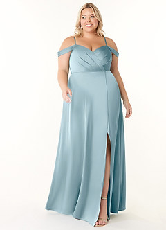 Azazie Ocean Bridesmaid Dresses Moody Blue A-Line V-Neck Pleated Stretch Satin Dress image6