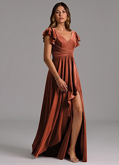 Azazie Omari Bridesmaid Dresses Terracotta A-Line Pleated Velvet Dress image3