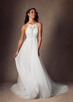 Azazie Odell Vestidos de novia Vestido de Diamante Blanco de Tul de Corte en A con Halter Lentejuelas image4