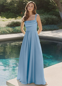 Azazie Shaude Bridesmaid Dresses Powder Blue A-Line Pleated Stretch Satin Dress image4