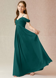 Azazie Kaitlynn Junior Abito A-Line in Chiffon a Spalla Scoperta Verde Pavone image3