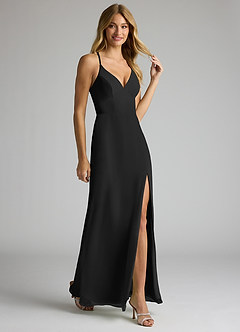 Azazie Becca Bridesmaid Dresses Black Sheath V-Neck Chiffon Dress image2