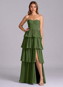 Azazie Faye Robes de demoiselle d'honneur Robe Trapèze en Mousseline de soie Encolure en Forme de Cœur Olive image1