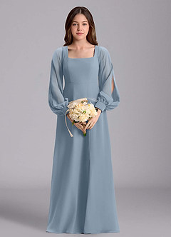 Azazie Bondi Junior Jurk van Chiffon met A-Lijn Blouson Stoffig Blauw image3