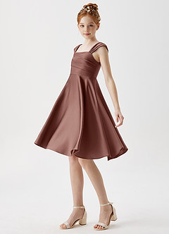 Azazie Amira Junior Espresso A-Line Pleated Stretch Satin Dress image4