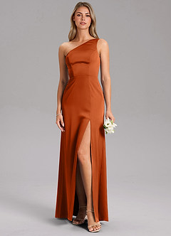 Azazie Feby Vestidos de damas de honor Vestido de Naranja Quemada de Satén Elástico de Corte en A con Hombro unilateral image3