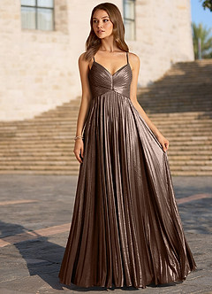 Luna Mirage Bronze A-line Metallic Prom Dress image3