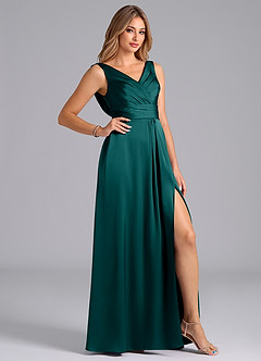 Azazie Karina Bridesmaid Dresses Peacock A-Line Pleated Stretch Satin Dress image5