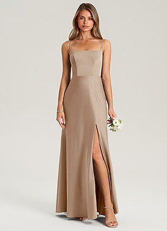 Azazie Lidia Bridesmaid Dresses Taupe Mermaid Side Slit Stretch Satin Dress image5