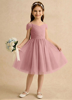 Azazie Lila Girls Formal Robe Demoiselle D'honneur Fillette Robe Trapèze en Tulle Épaules dénudées Rose Poussiéreuse image4