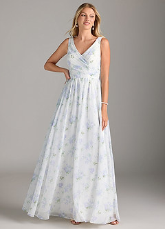 Azazie Keyla Bridesmaid Dresses Blue Vintage Floral A-Line V-Neck Pleated Chiffon Dress image3
