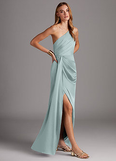 Azazie Mika Vestidos de damas de honor Vestido de Vidrio Marino de Satén Elástico de Corte Recto con Hombro unilateral image4