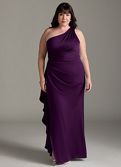 Azazie Latrice Bridesmaid Dresses Grape Sheath One Shoulder Cascading Ruffles Stretch Satin Dress image6