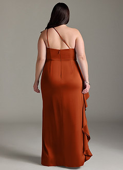 Azazie Latrice Bridesmaid Dresses Burnt Orange Sheath One Shoulder Cascading Ruffles Stretch Satin Dress image7