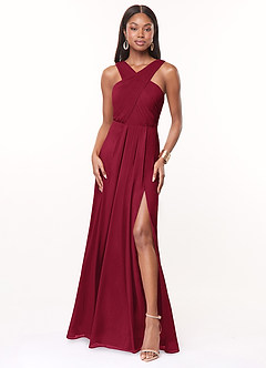 Azazie Brandie Vestidos de damas de honor Vestido de Borgoña de Chifón elástico de Corte en A con Plisado image1