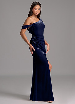 Azazie Madelyn Vestidos de damas de honor Vestido de Azul Marino Oscuro de terciopelo de Corte Recto con Hombro unilateral image3