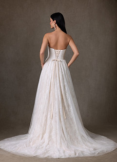 Azazie Adriana At-home Try On Dresses Diamond White Champagne A-Line Strapless Lace Dress image10