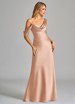 Azazie Celina Bridesmaid Dresses Rose Gold Sheath Off the Shoulder Stretch Satin Dress image5