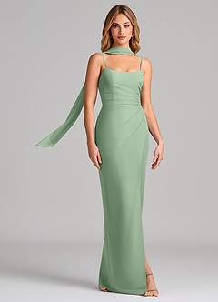 Azazie Calandra At-home Try On Dresses Dusty Sage Sheath Pleated Chiffon Dress image3