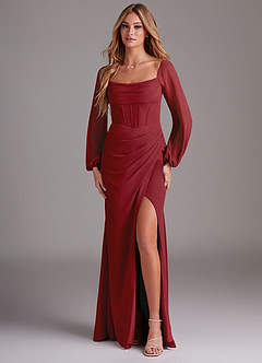 Azazie Charissa Bridesmaid Dresses Pomegranate Sheath Long Sleeve Chiffon Dress image1
