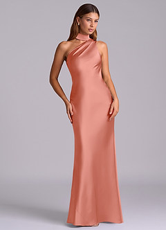 Azazie Seona Robes de demoiselle d'honneur Robe Sirène en Satin extensible Une épaule Corail image7