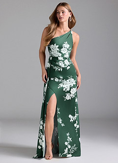 Azazie Maron Bridesmaid Dresses Green Botanicals A-Line One Shoulder Stretch Satin Dress image1