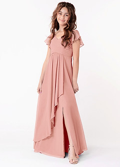 Azazie Omari Junior A-Line Ruched Chiffon Gulv-længde Junior brudepige Kjole image1