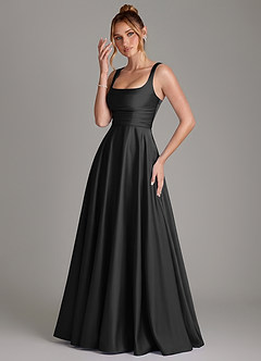 Azazie Azaria At-home Try On Dresses Black A-Line Corset Stretch Satin Dress image3