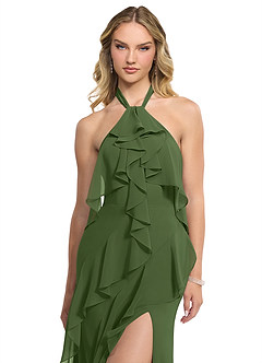 Azazie Velma Bridesmaid Dresses Olive A-Line Side Slit Chiffon Dress image4