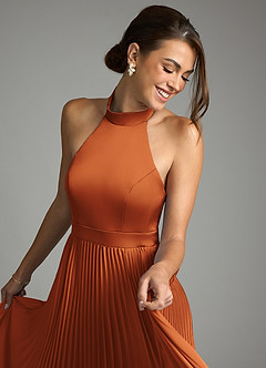 Azazie Zienna 신부 들러리 드레스 A라인 주름진 스트레치 새틴 바닥 길이 드레스 image6