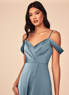 Azazie Ocean Bridesmaid Dresses Dusty Blue A-Line V-Neck Pleated Stretch Satin Dress image11