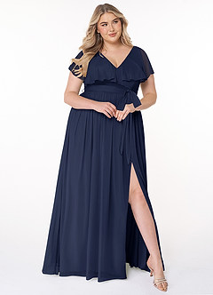 Azazie Jael Bridesmaid Dresses Dark Navy A-Line V-Neck Mesh Dress image3