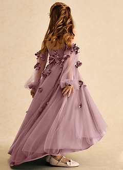 Azazie Karrie Robe Demoiselle D'honneur Fillette Robe Trapèze en Tulle avec manches Rose Poussiéreuse image6