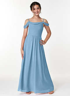 Azazie Alivia Junior Steel Blue A-Line Off the Shoulder Chiffon Dress image1